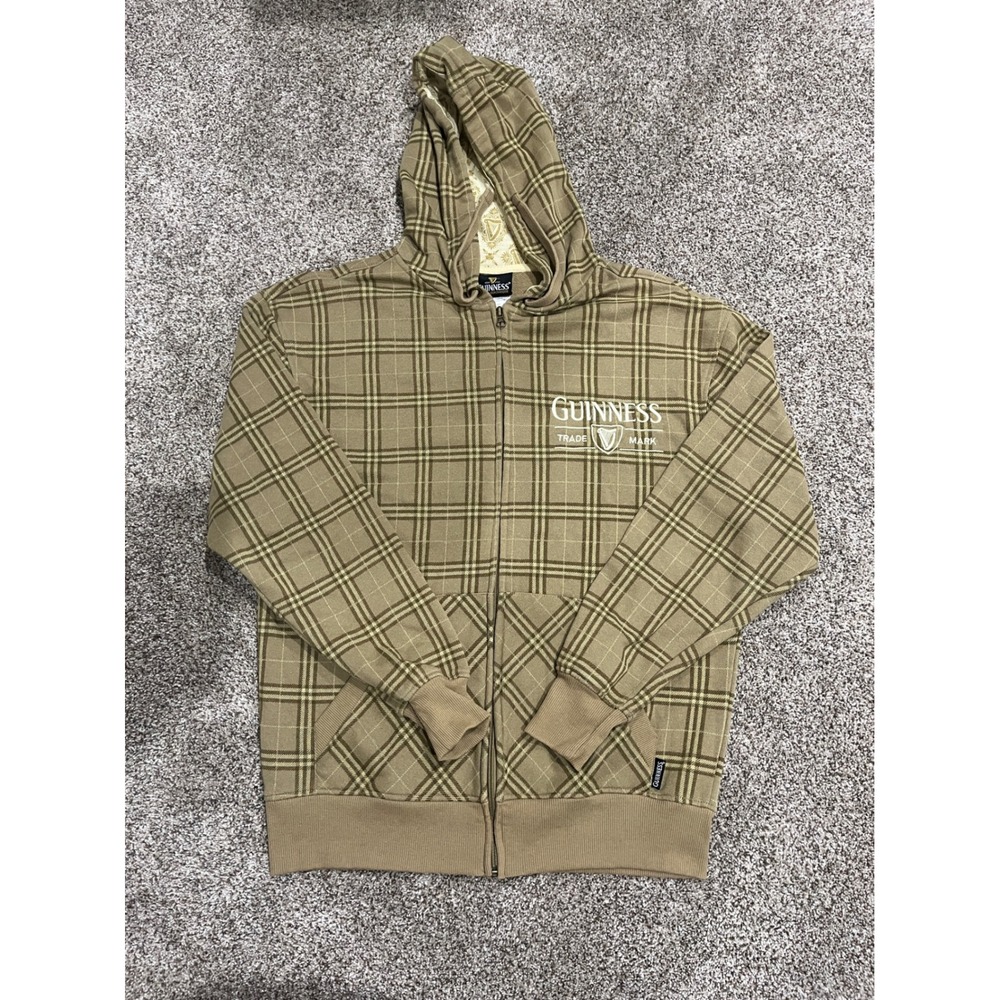 Guinness Official Merchandise Mens Plaid Full Zip Hoodie Tan Green Size M